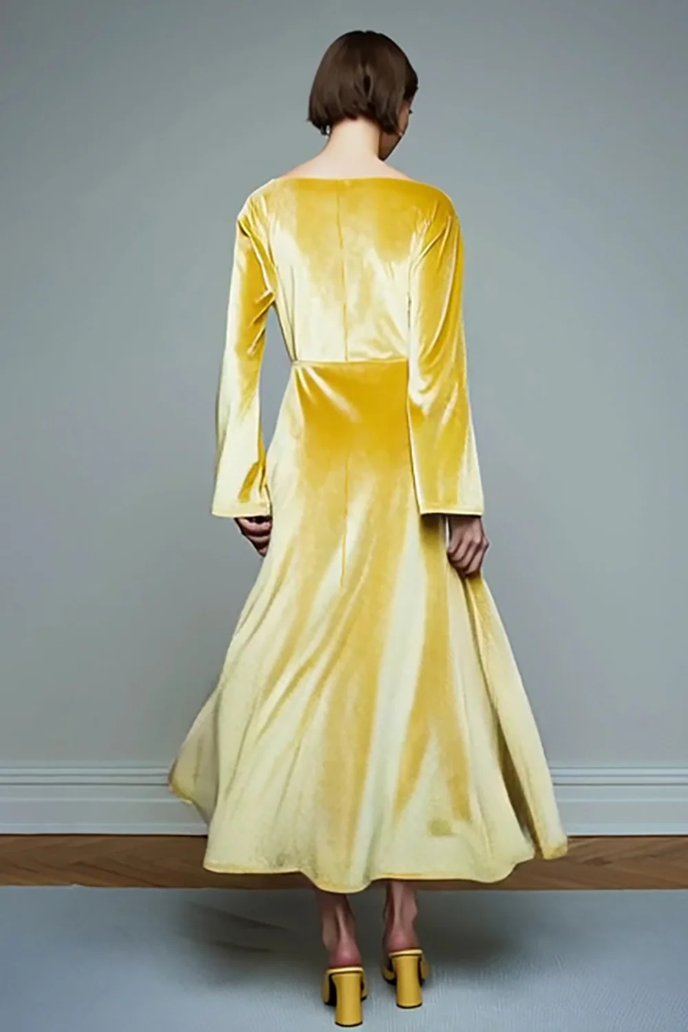 Yellow Velvet Long A Line Holiday Party Dress with Sleeves - JUORTHO