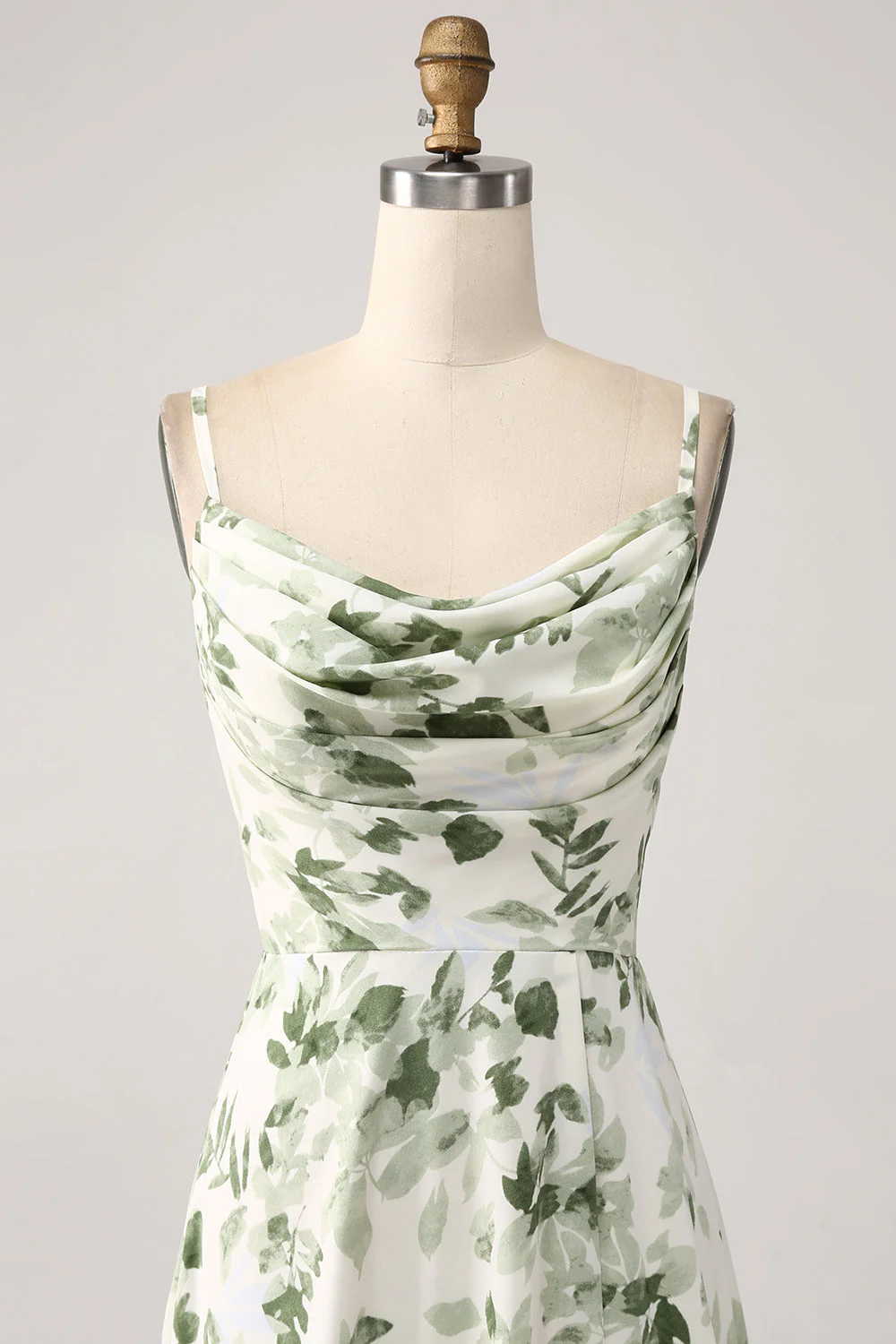Cowl Neck Green Floral A Line Prom Dress with Slit - JUORTHO