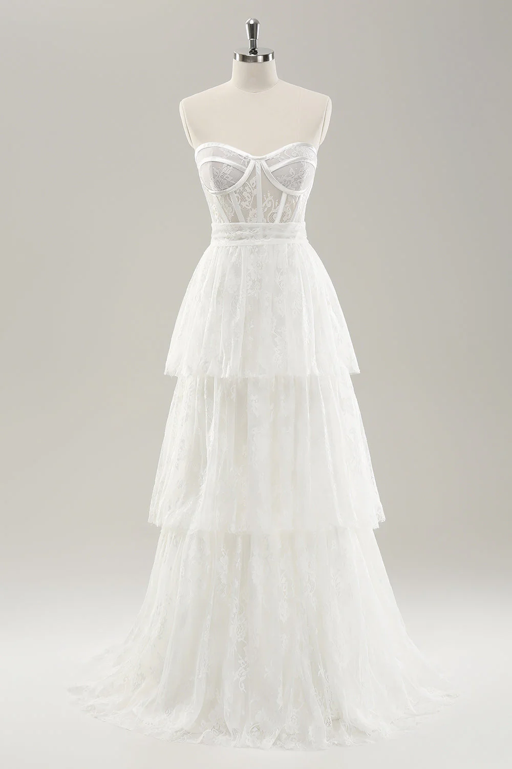 White Strapless Corset Tiered Long Wedding Dress - JUORTHO