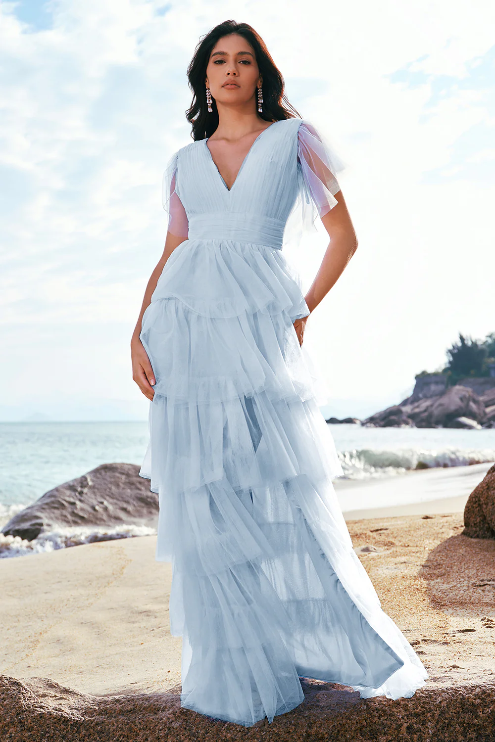 Grey Blue A-Line V Neck Tulle Long Tiered Bridesmaid Dress with Slit - JUORTHO
