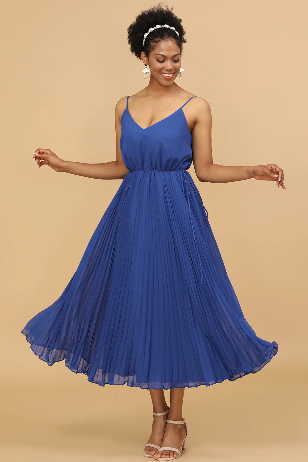 Royal Blue Tea-Length Chiffon Bridesmaid Dress With Pleated - JUORTHO