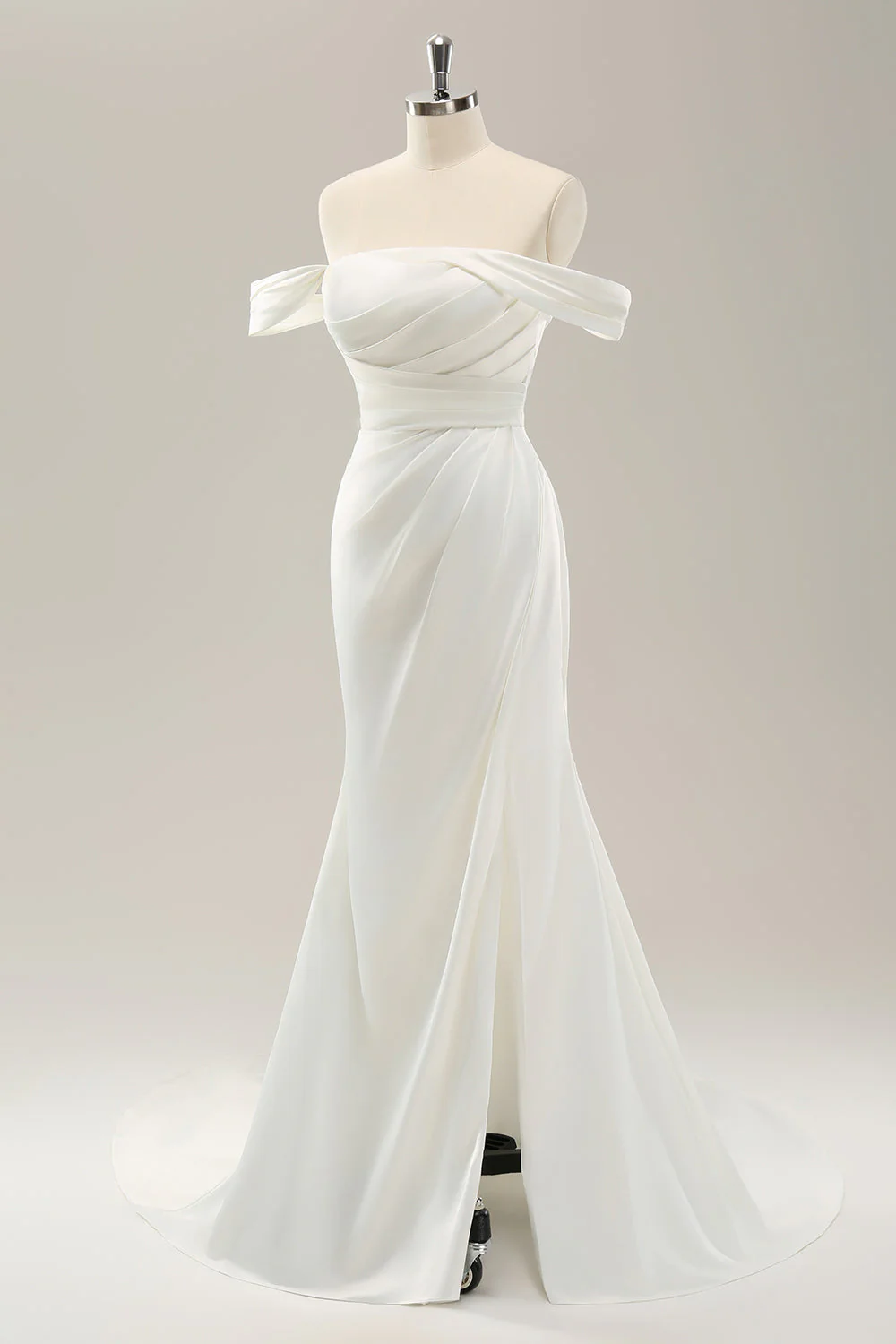 White Mermaid Off The Shoulder Pleated Satin Wedding Dress with Slit - JUORTHO