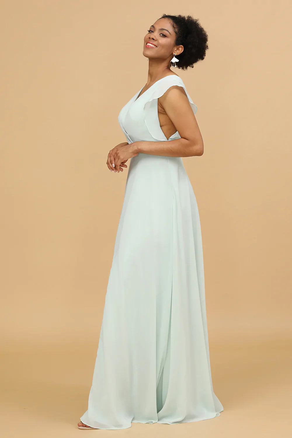 Mint Chiffon V-Neck A-Line Bridesmaid Dress - JUORTHO