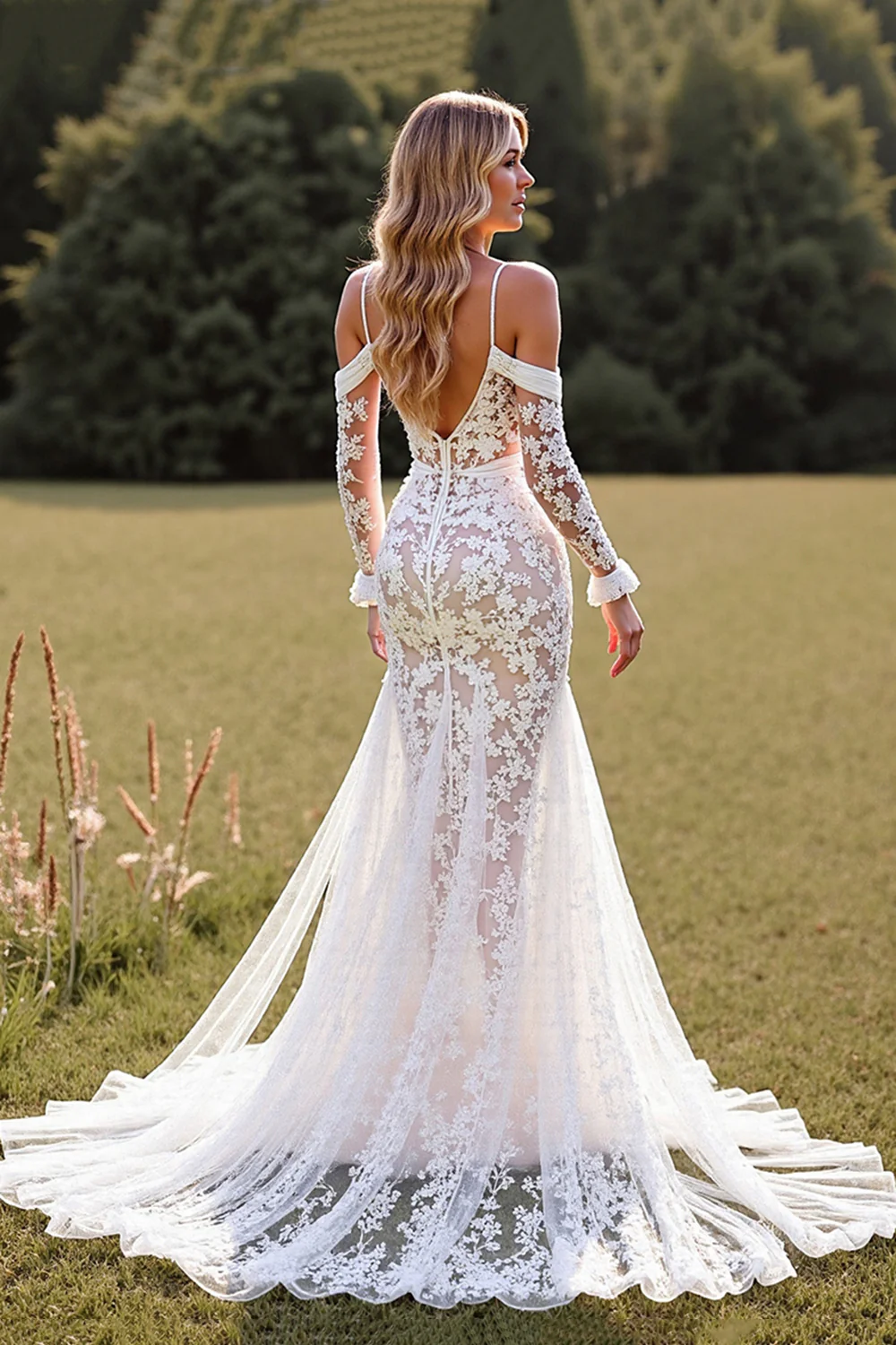 Lace White Mermaid Boho Sweep Train Western Wedding Dress with Sleeves - JUORTHO