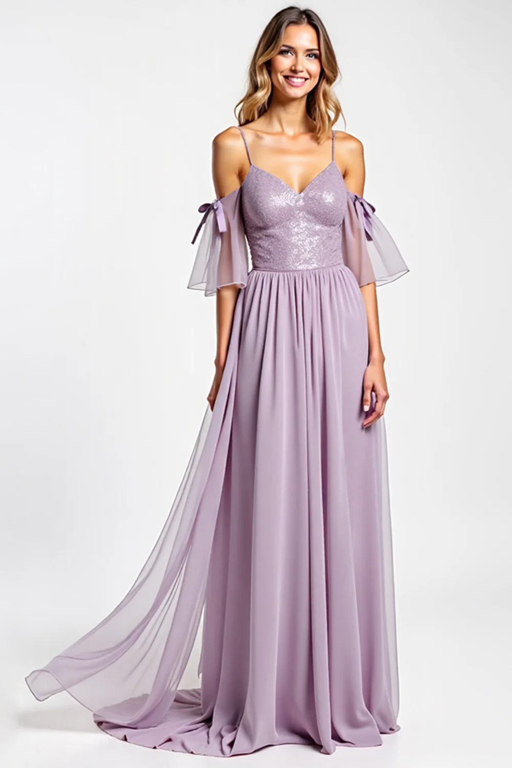 A Line Purple Long V-Neck Chiffon Bridesmaid Dress - JUORTHO