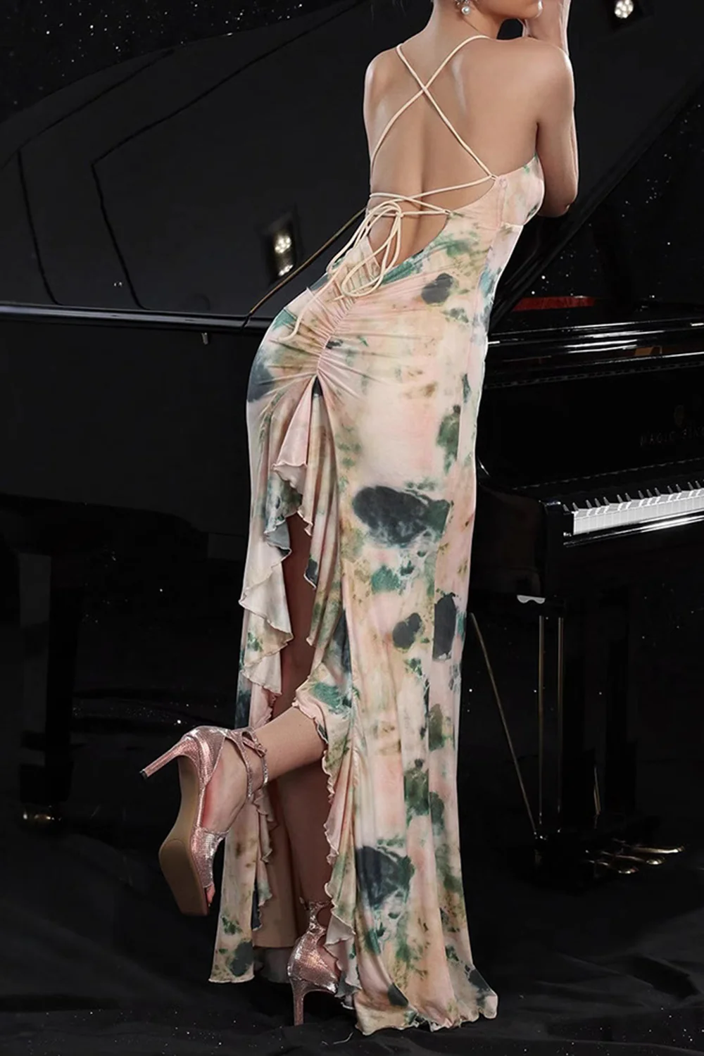 Blush Print Mermaid Long Prom Dress with Back Slit - JUORTHO