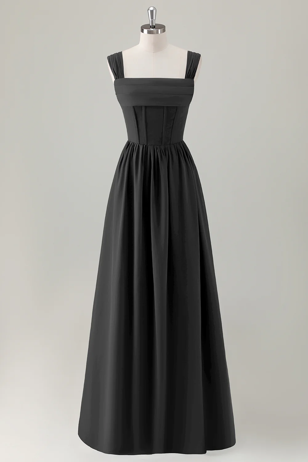 Champagne Corset A-Line Square Neck Long Bridesmaid Dress with Lace Up Back - JUORTHO