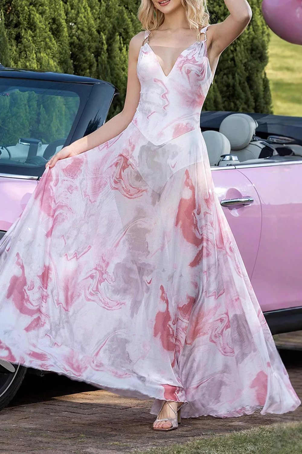 Blush Print Sheath V-Neck Chiffon Backless Long Prom Dress - JUORTHO