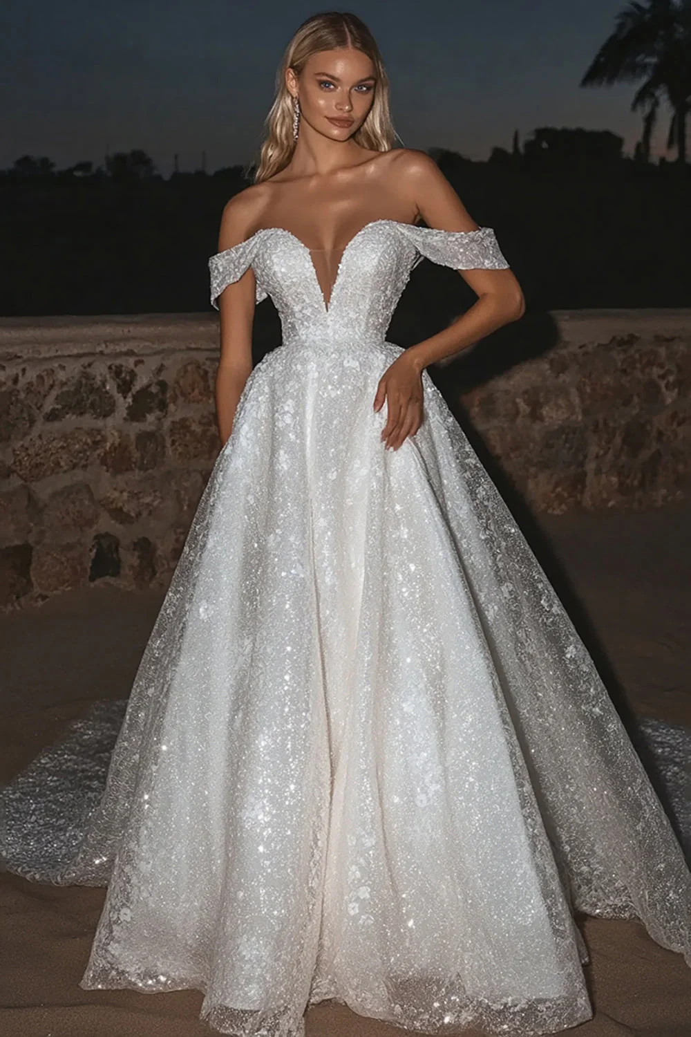 Sparkly Tulle Ivory Off the Shoulder A Line Wedding Dress - JUORTHO