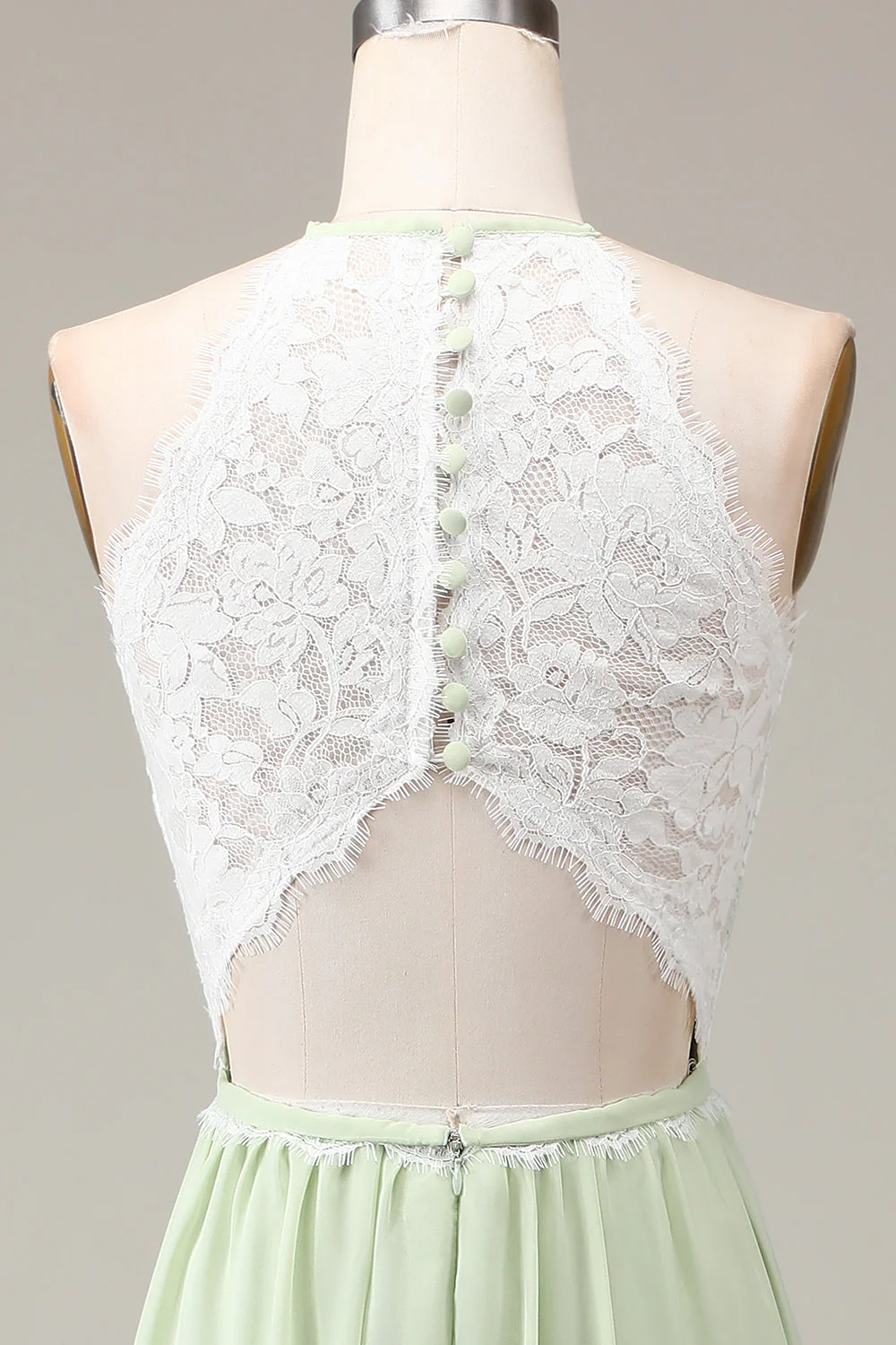 Dusty Sage Halter Neck Lace and Chiffon A-line Floor Length Bridesmaid Dress - JUORTHO