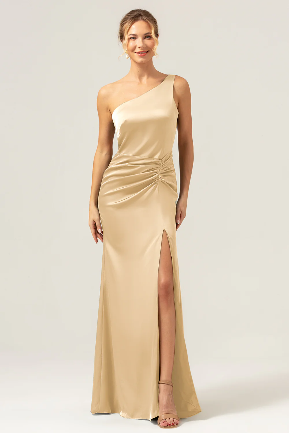 Olive One Shoulder Mermaid Satin Long Bridesmaid Dress with Slit - JUORTHO