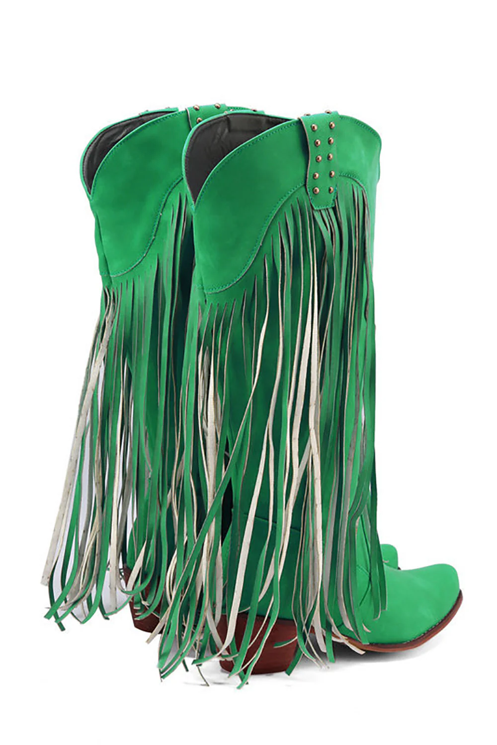 Blue Pointed Toe Wood Grain Thick Heel Boots with Tassel - JUORTHO