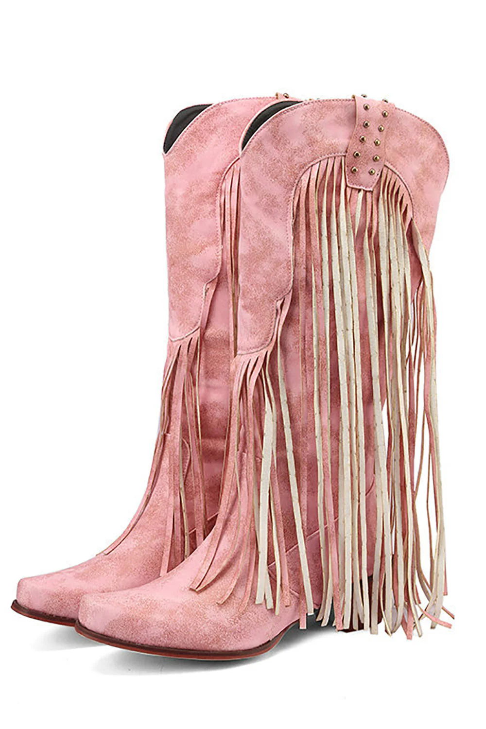 Blue Pointed Toe Wood Grain Thick Heel Boots with Tassel - JUORTHO