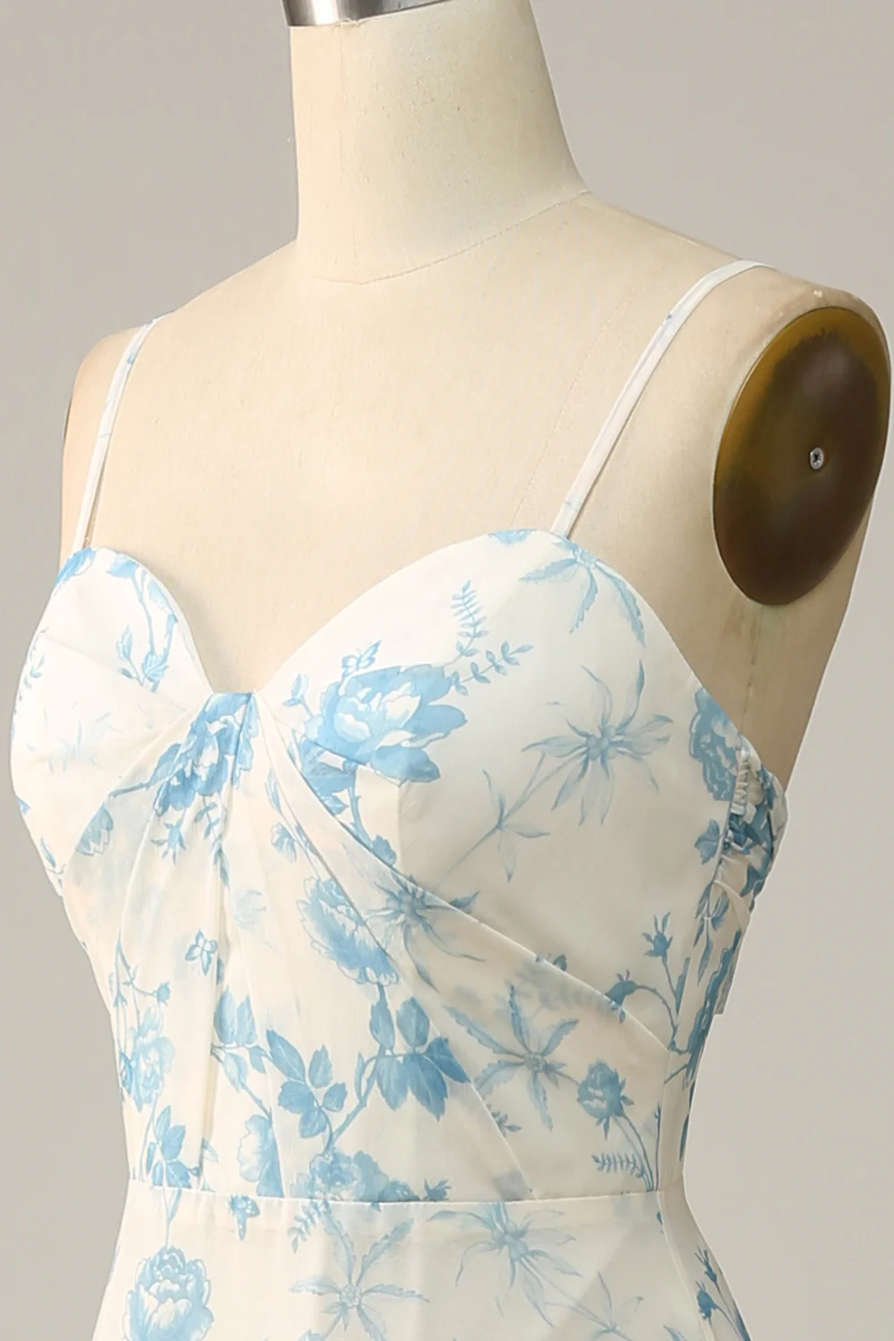 Spaghetti Straps Blue Floral Long Bridesmaid Dress - JUORTHO