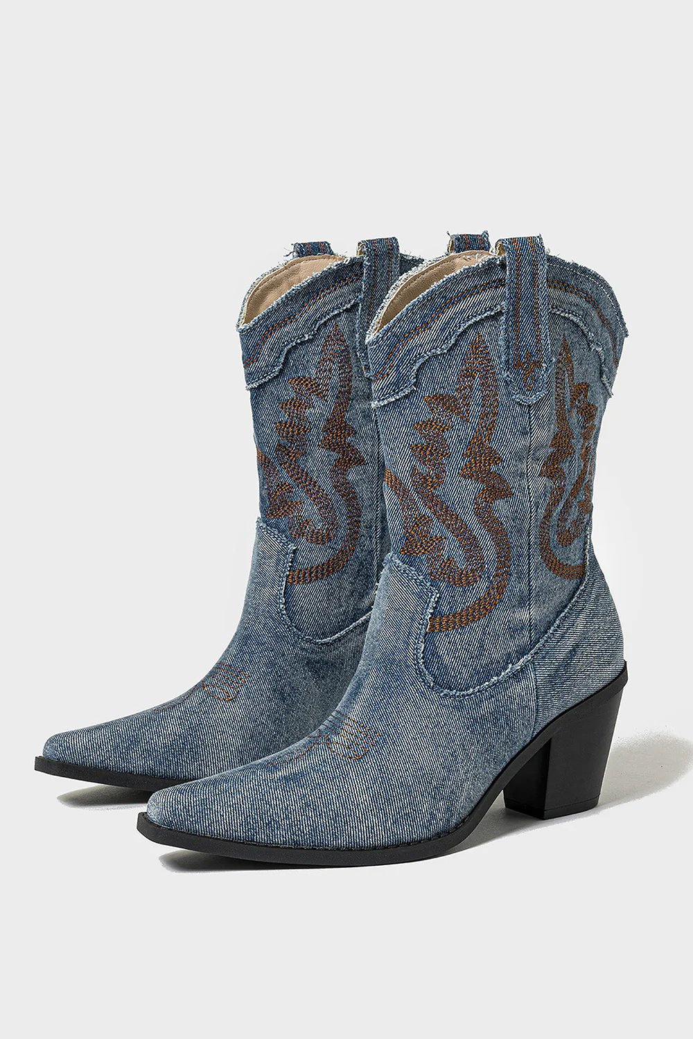 Dark Blue Embroidered Wide Calf Chunky Heel Western Cowgirl Boots - JUORTHO