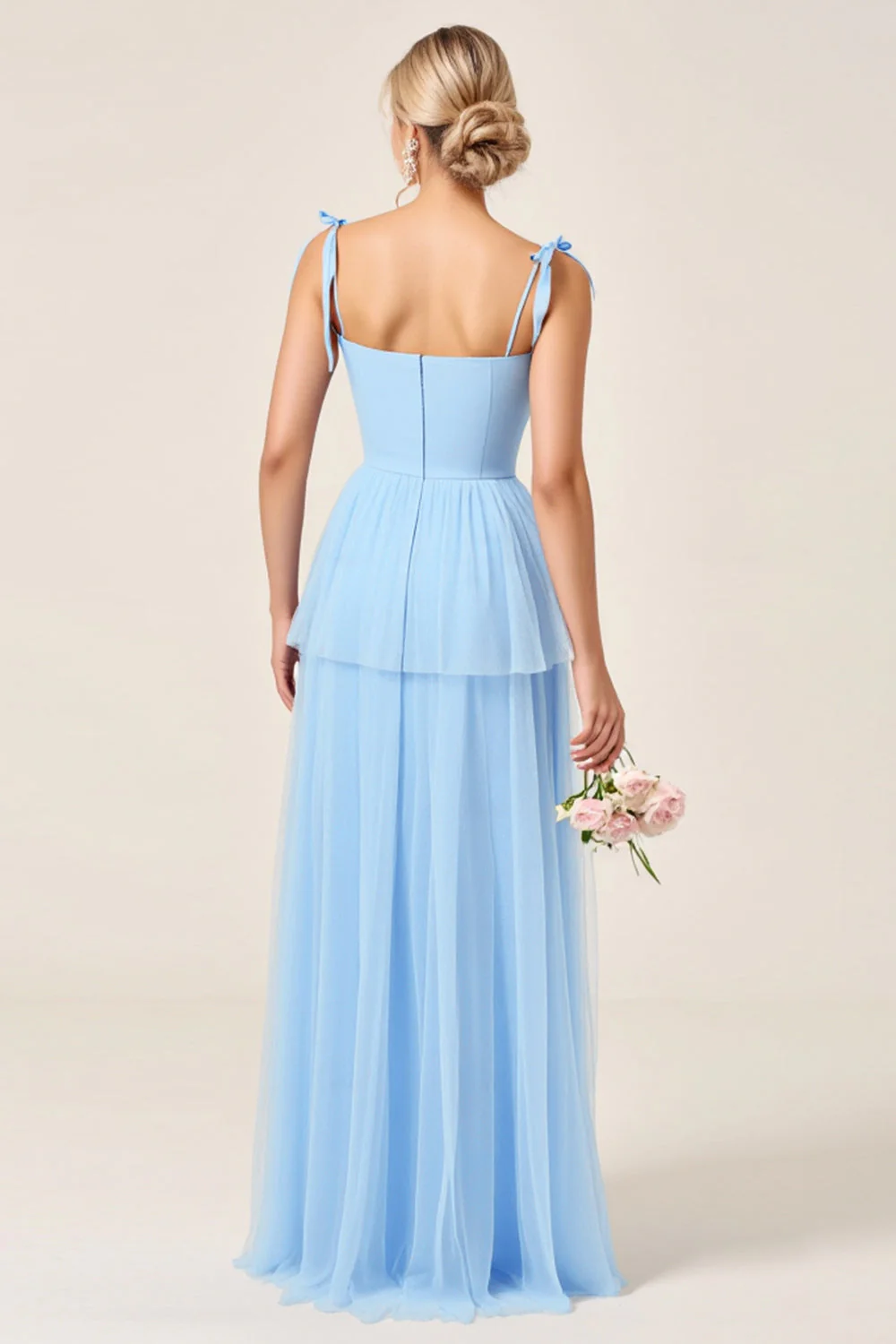 Sky Blue A Line Spaghetti Straps Long Bridesmaid Dress with Slit - JUORTHO