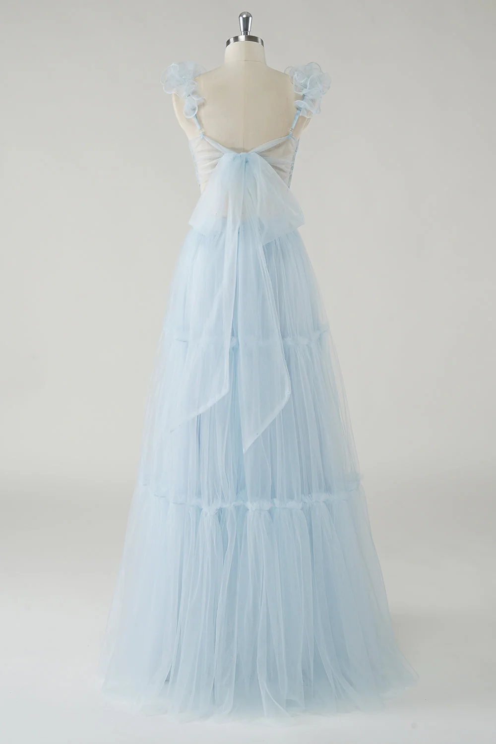 Sky Blue A-Line Ruffles Straps V-Neck Tulle Long Bridesmaid Dress - JUORTHO