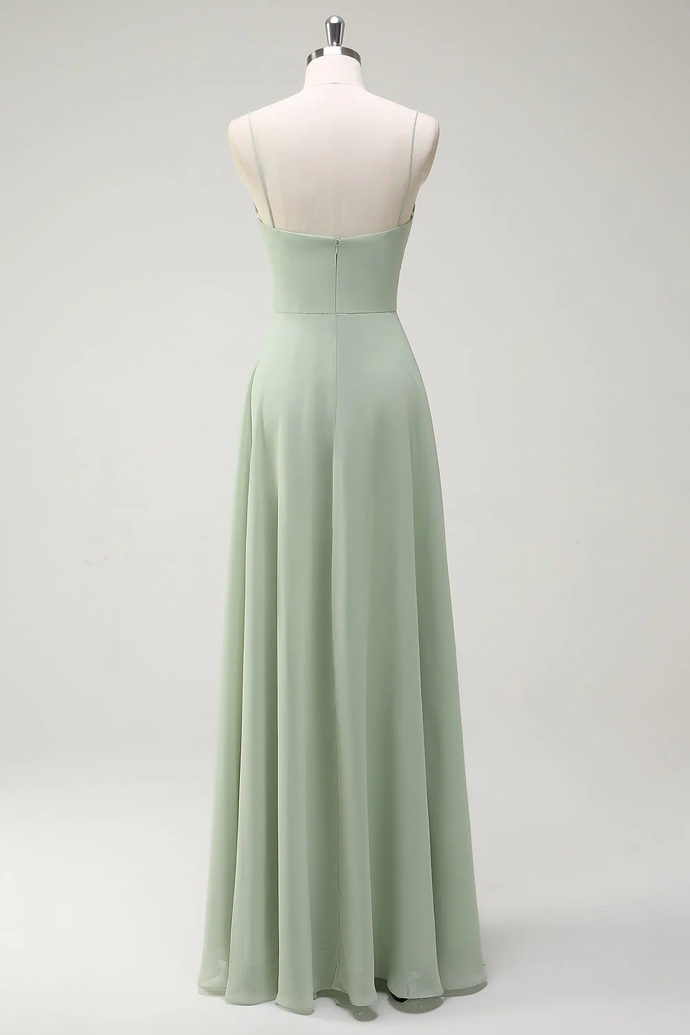 Dusty Sage A Line Chiffon Spaghetti Straps Long Bridesmaid Dress - JUORTHO