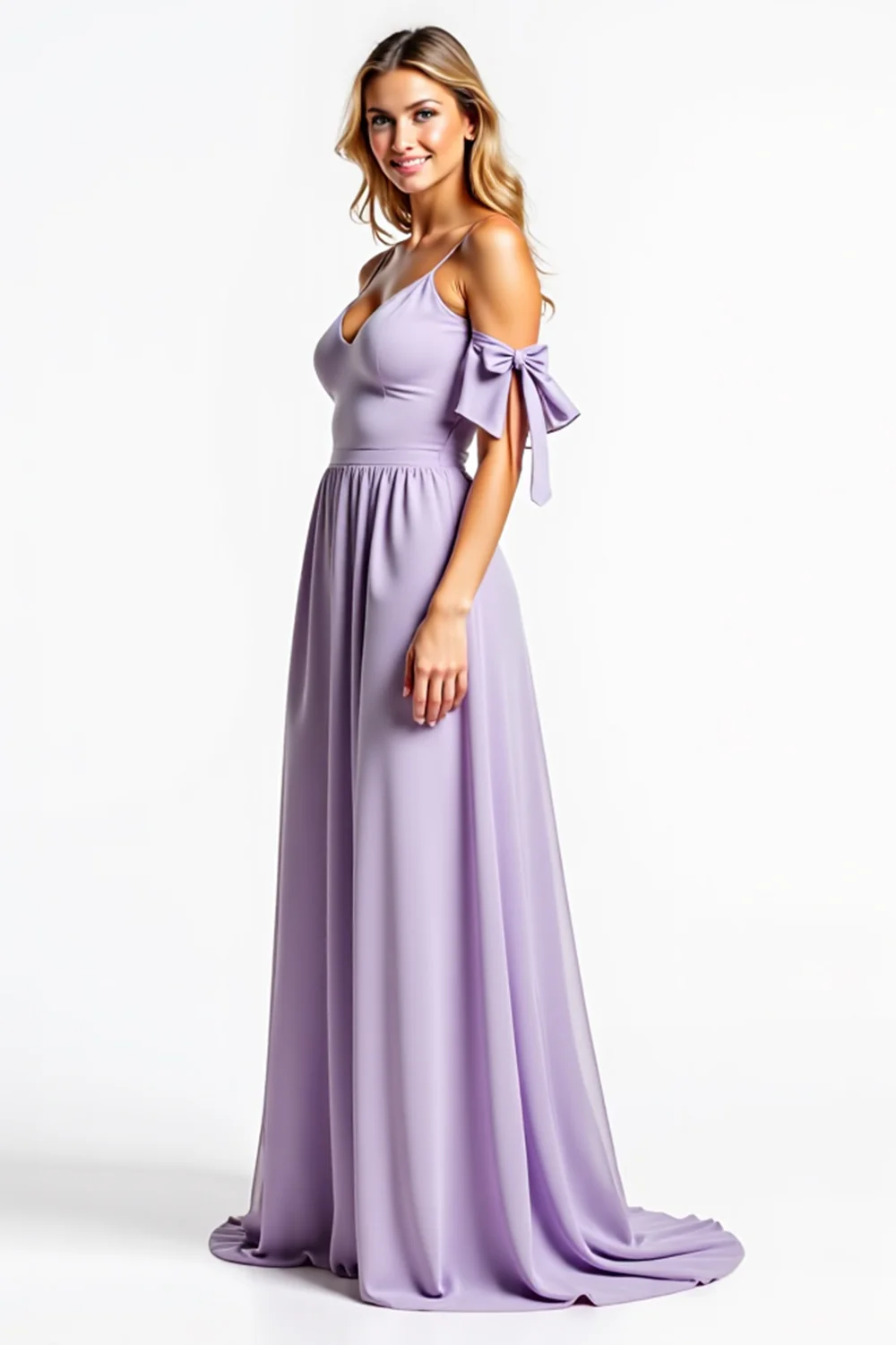 A Line Lilac V-Neck Long Bridesmaid Dress with Pockets - JUORTHO