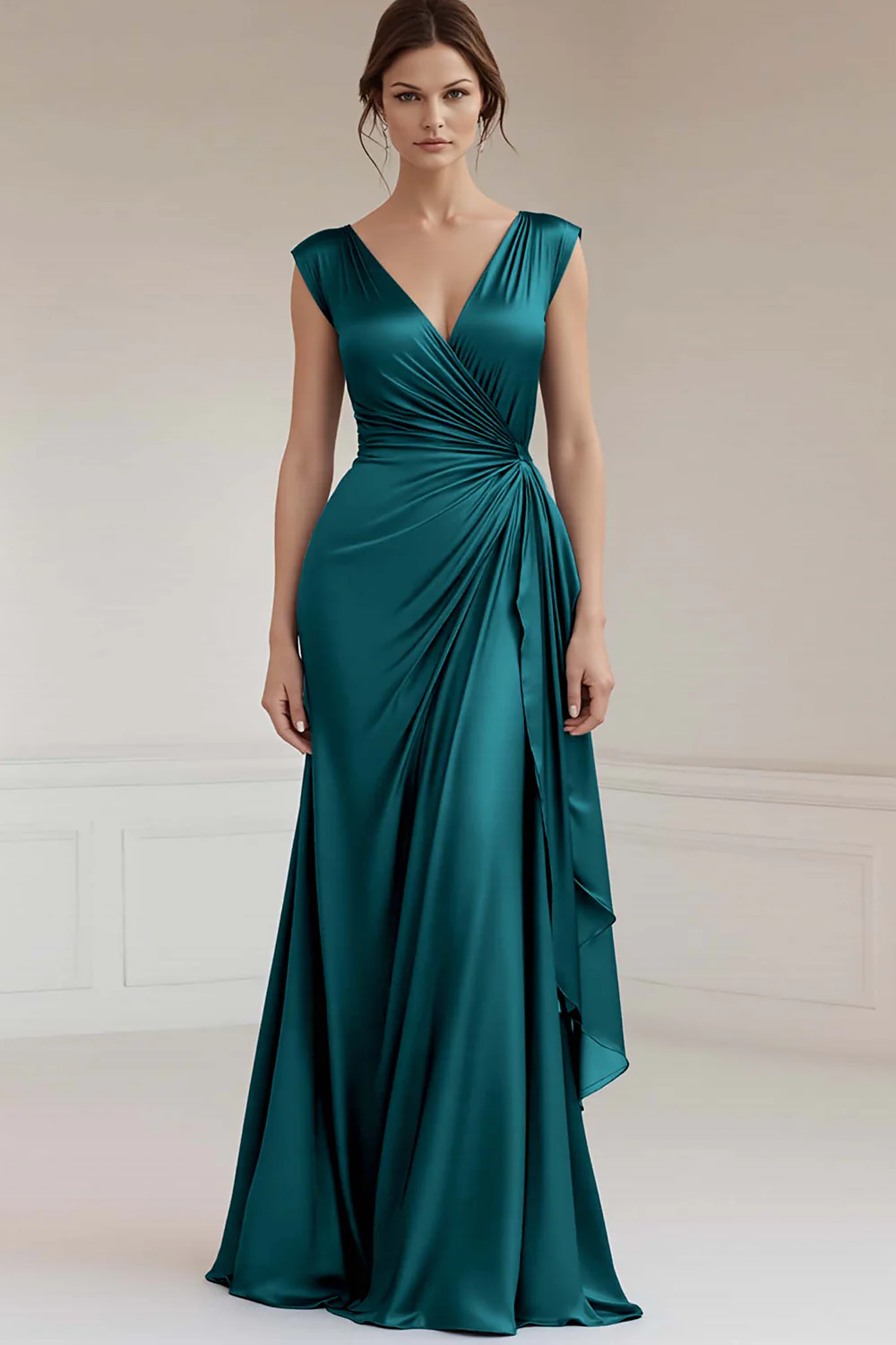 Peacock V-Neck Sheath Ruched Long Formal Dress with Ruffles - JUORTHO