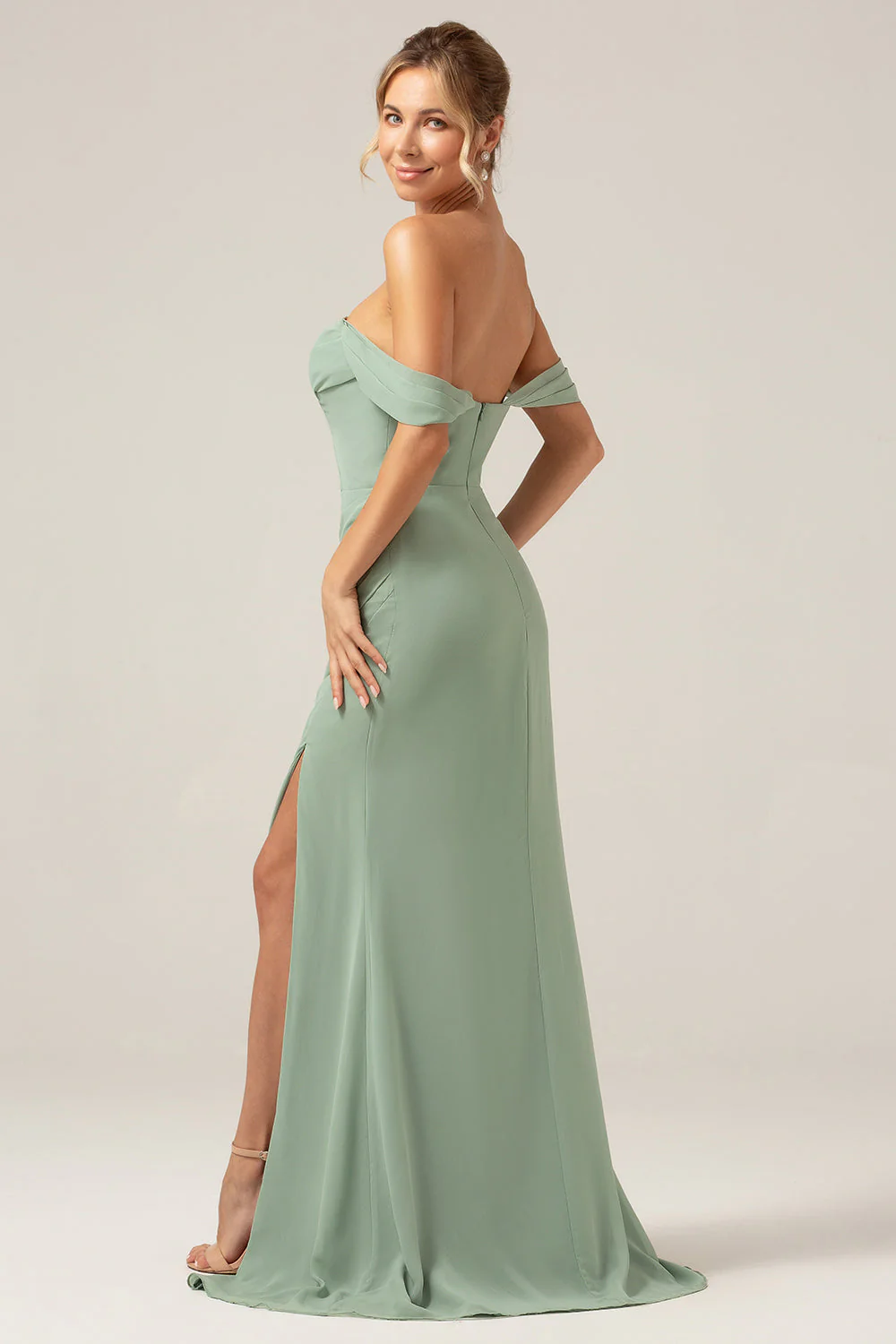 Off the Shoulder Sheath Chiffon Pleated Dusty Sage Bridesmaid Dress - JUORTHO