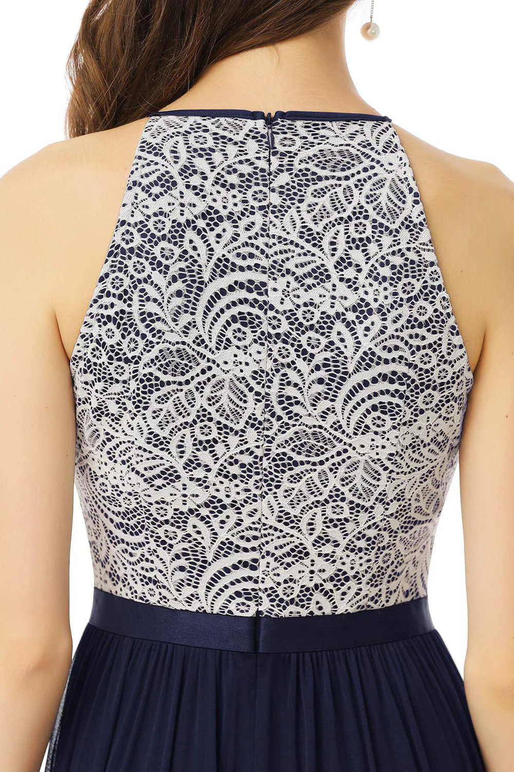 A Line Halter Blush Long Bridesmaid Dress with Lace - JUORTHO