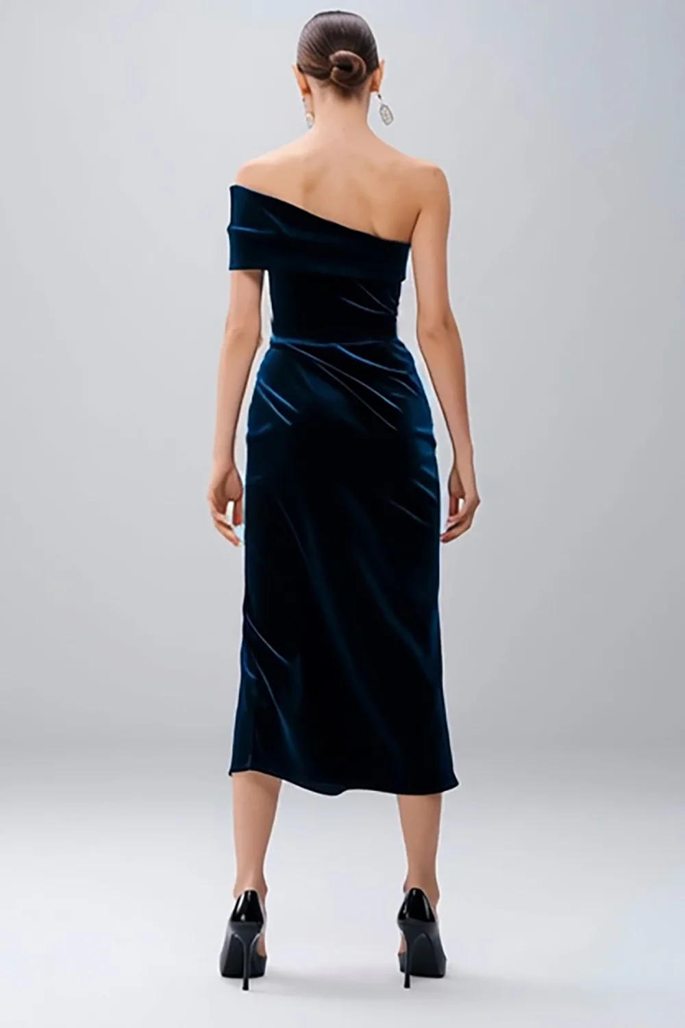 Navy Velvet Sheath Midi Holiday Party Dress with Slit - JUORTHO