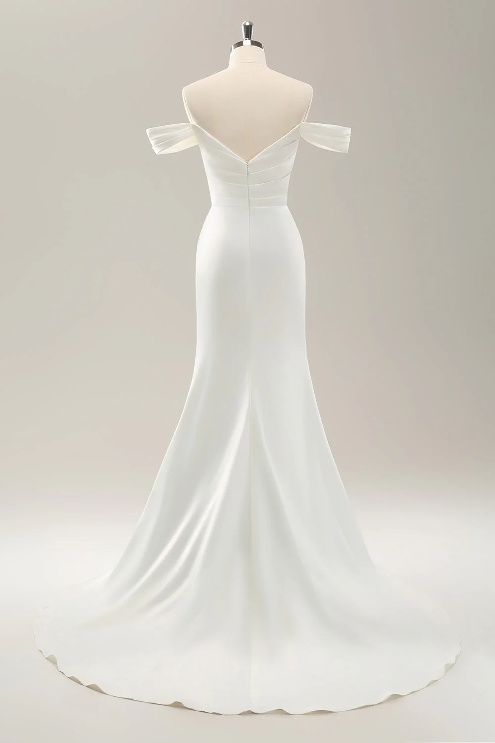 White Mermaid Off The Shoulder Pleated Satin Wedding Dress with Slit - JUORTHO