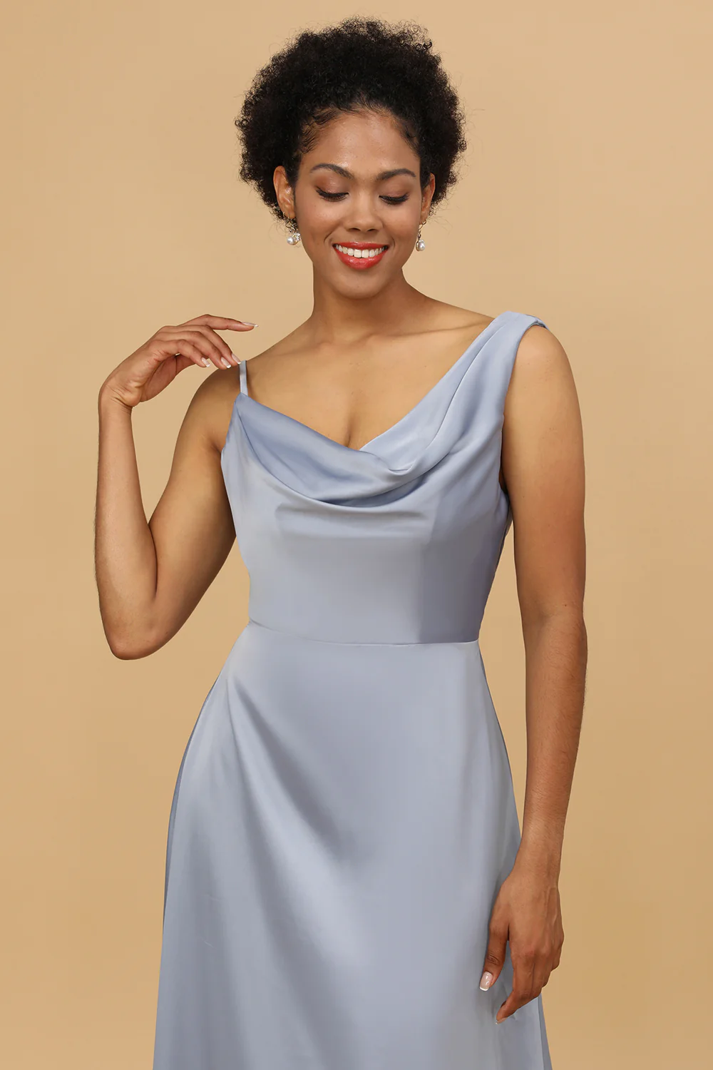 Grey Blue Cowl Neck Floor-Length Satin Bridesmaid Dress - JUORTHO