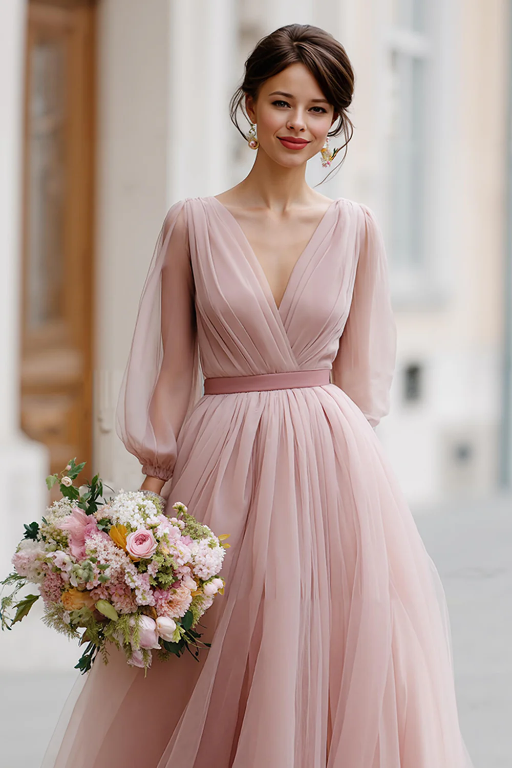 Dusty Rose V-Neck Tulle A-Line Long Bridesmaid Dress with Sleeves - JUORTHO