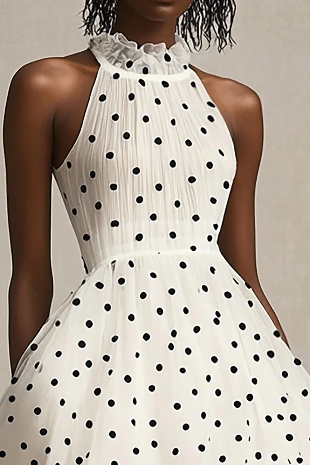 Tulle White and Black High Neck Tiered Maxi Polka Dot Dress with Ruffles - JUORTHO