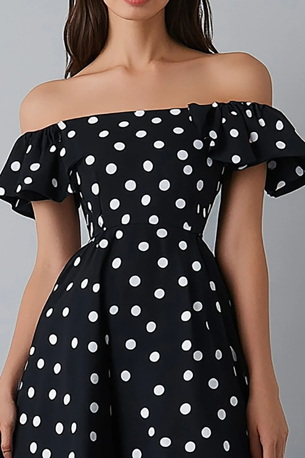 Off the Shoulder Black and White Maxi Satin A Line Polka Dot Dress - JUORTHO