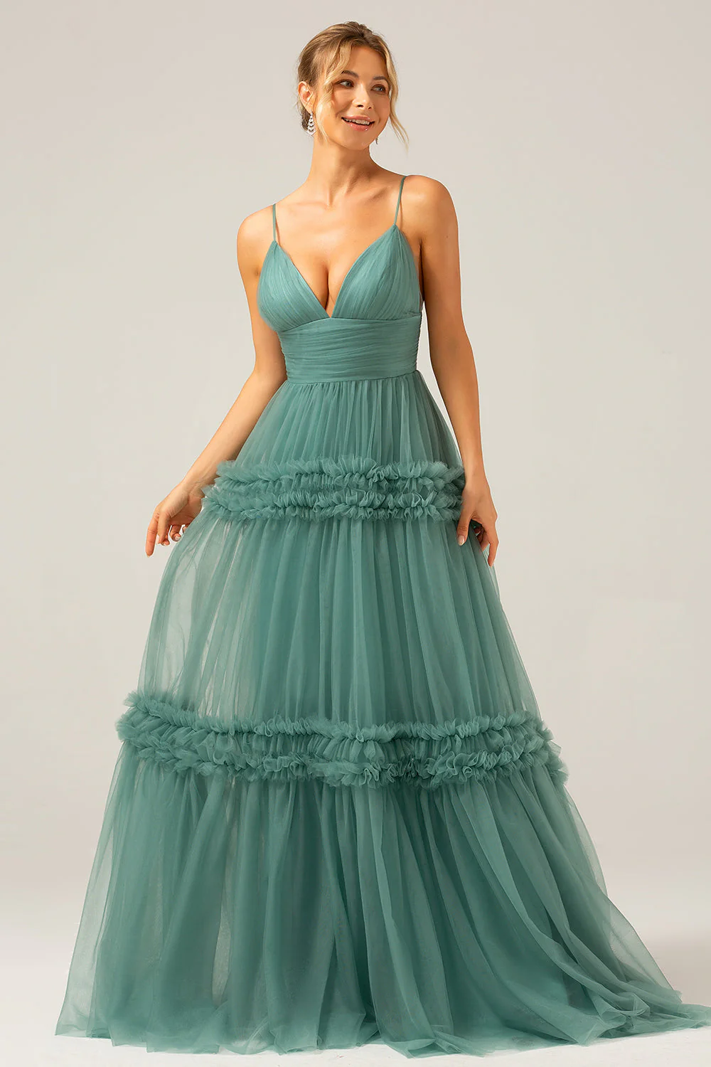 Green Tulle A Line Spaghetti Straps Long Bridesmaid Dress with Ruffles - JUORTHO