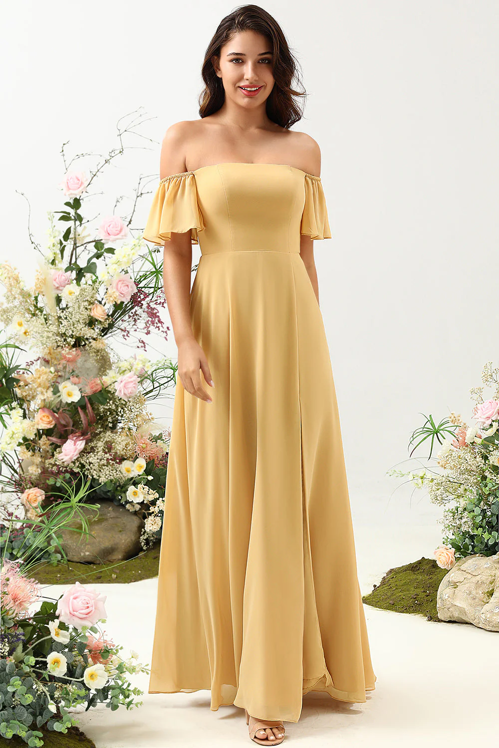 A Line Off the Shoulder Yellow Flower Printed Plus Size Bridesmaid Dress - JUORTHO