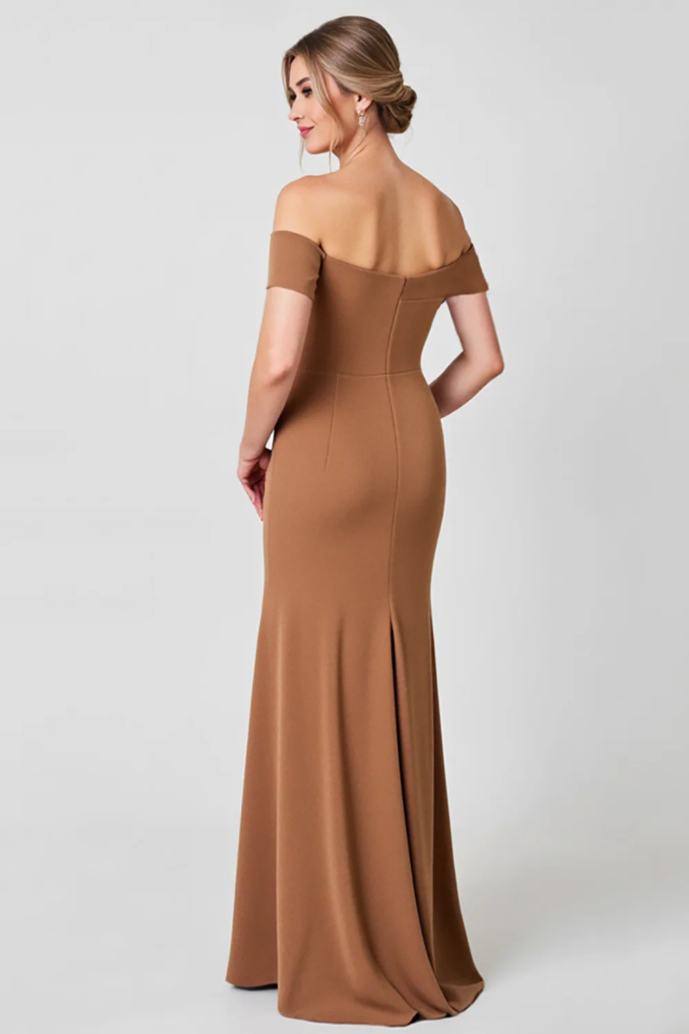 Brown Off the Shoulder Ruched Long Mother of the Bride Dress - JUORTHO