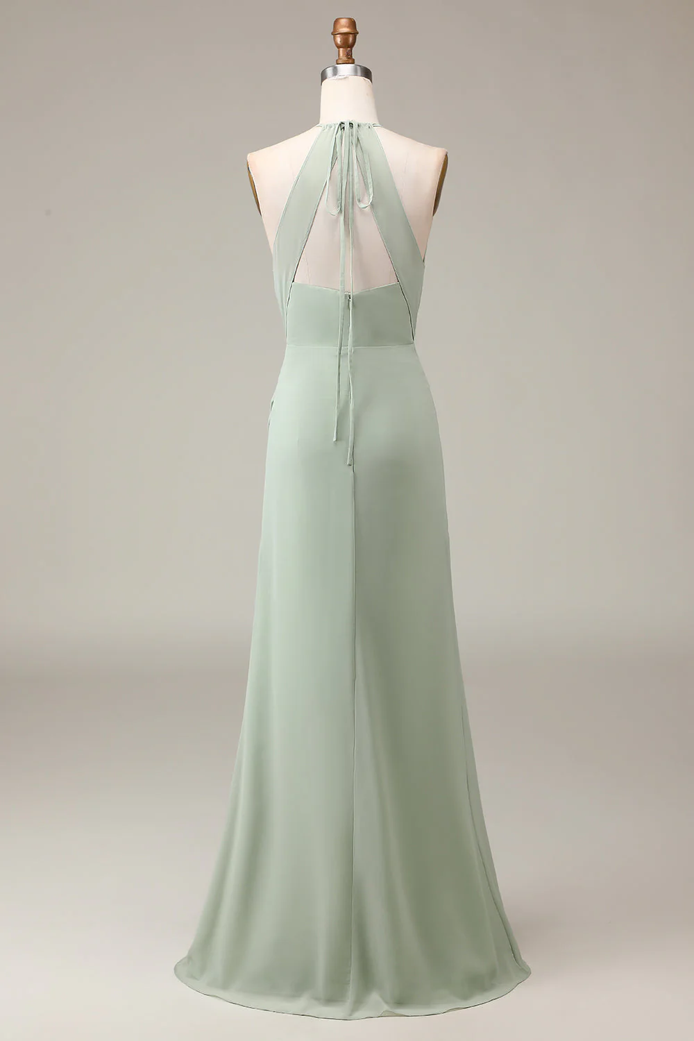 Matcha Halter Neck Sheath Pleated Bridesmaid Dress with Slit - JUORTHO