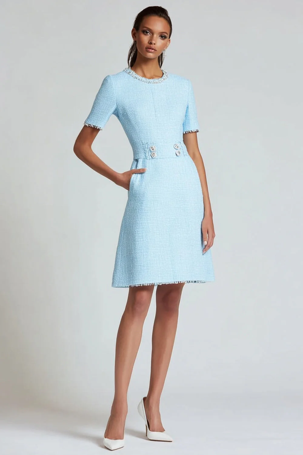 Blue Tweed A Line Round Neck Short Sleeves Homecoming Dress with Pockets - JUORTHO