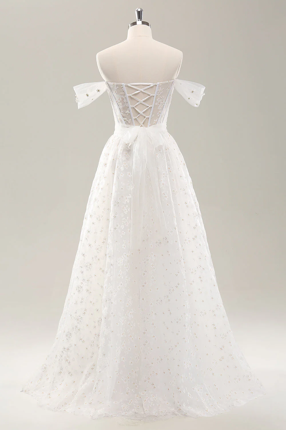White A Line Off the Shoulder Corset Wedding Dress with Lace Up Back - JUORTHO