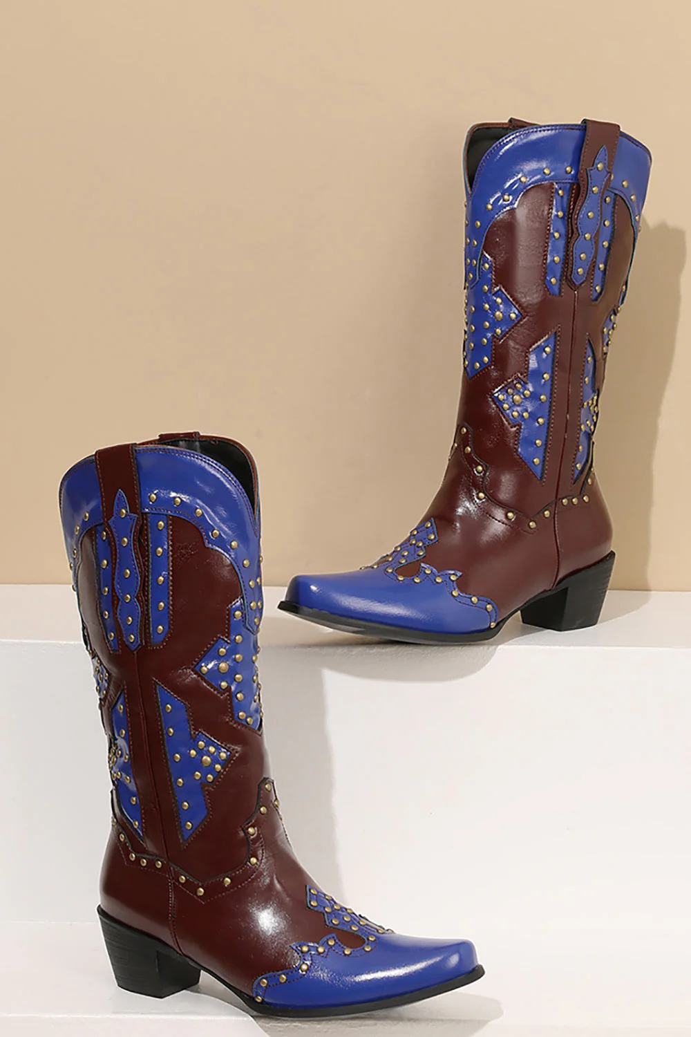 Women's Embroidered Blue Pointed Toe Calf High Cowgirl Boots - JUORTHO