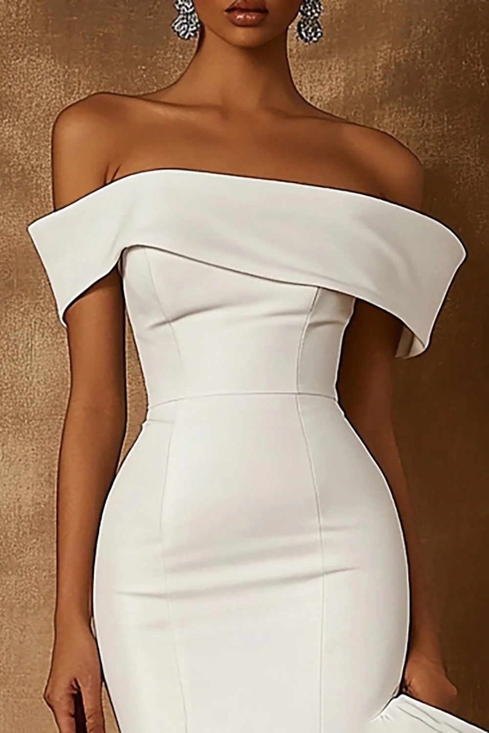 White Satin Off the Shoulder Midi Engagement Dress with Ruffles - JUORTHO