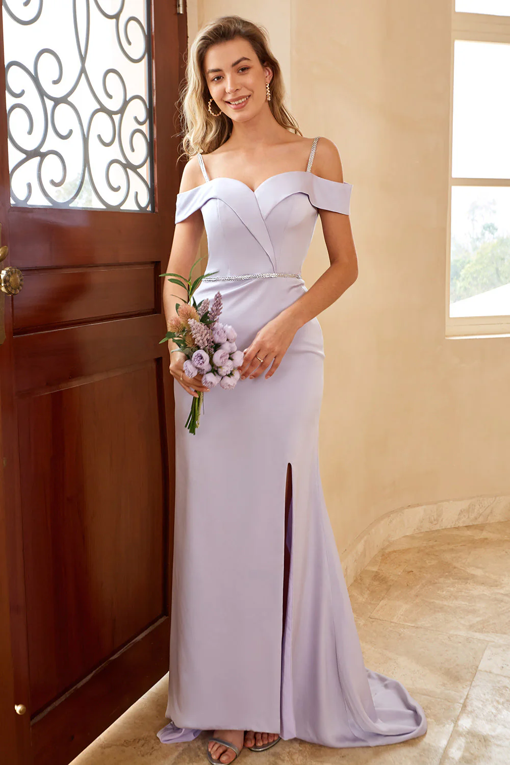 Sheath Off the Shoulder Lilac Long Bridesmaid Dress with Split Front - JUORTHO