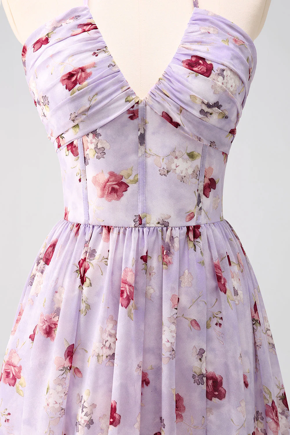 Grey Purple Floral A Line Corset Halter Bridesmaid Dress with Slit - JUORTHO