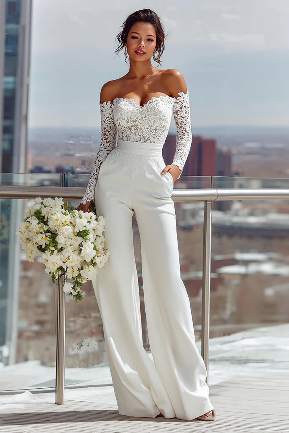 White Satin Sweetheart Bridal Jumpsuits with Lace - JUORTHO