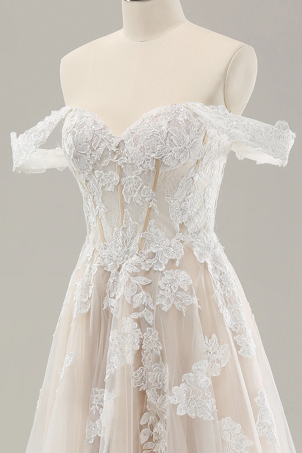 Princess White Off the Shoulder Applique Tulle Wedding Dress with Slit - JUORTHO