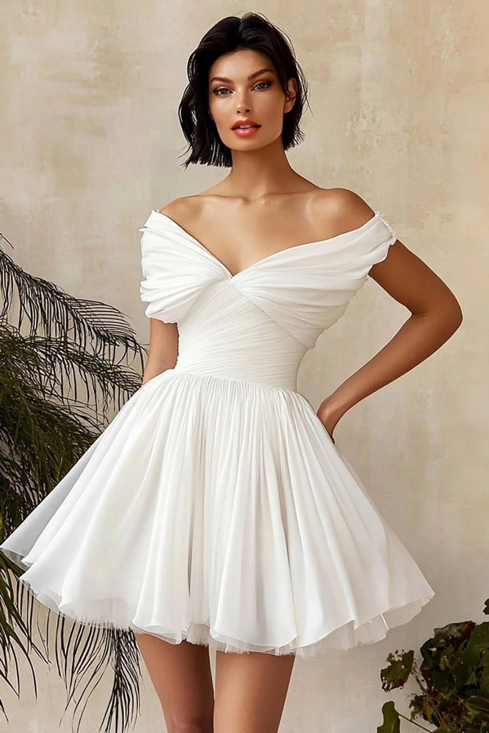 A Line Chiffon Pleated Little White Dress with Ruffles - JUORTHO