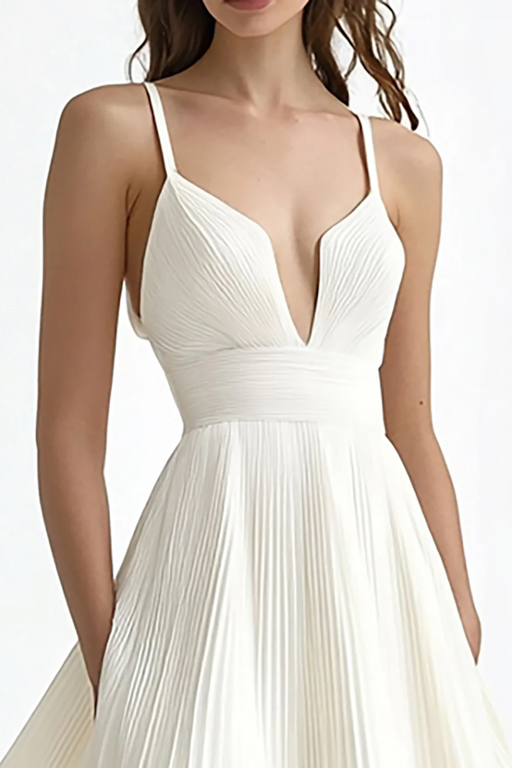 Ivory Chiffon Pleated A Line Midi Engagement Dress - JUORTHO