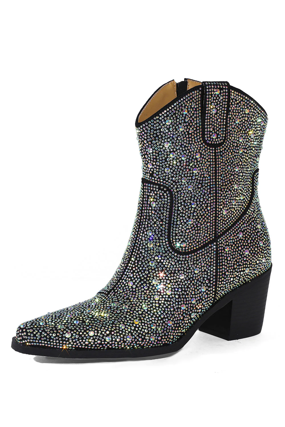 Black Rhinestone Contrast Color Western Ankle Boots - JUORTHO