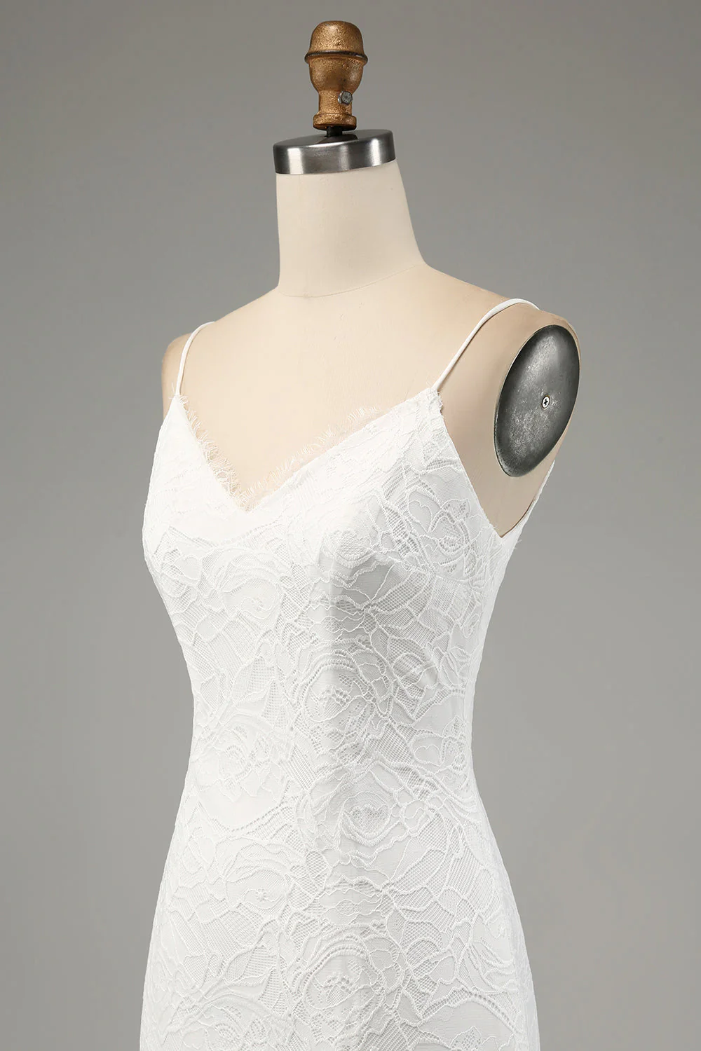 Ivory Mermaid Lace Spaghetti Straps Wedding Dress with Slit - JUORTHO