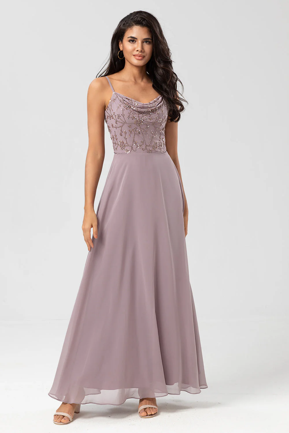 Certifiably Chic A Line Spaghetti Straps Dusty Pink Long Bridesmaid Dress with Beaded - JUORTHO