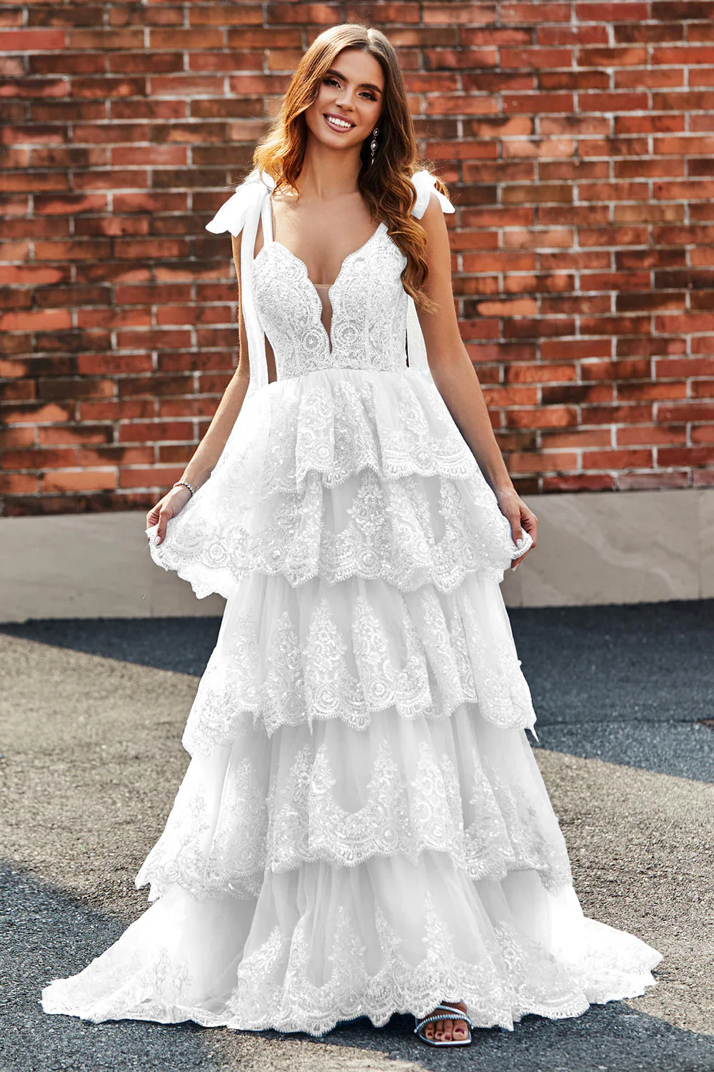 White A-Line Tiered Lace Long Wedding Dress - JUORTHO